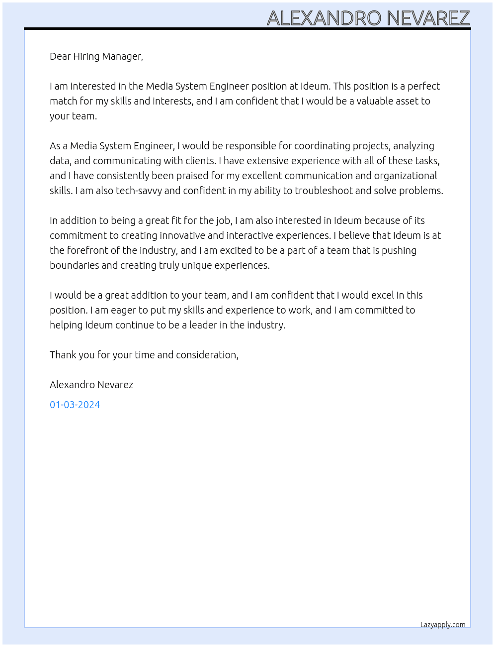 Media System Engineer At Ideum Cover Letter
