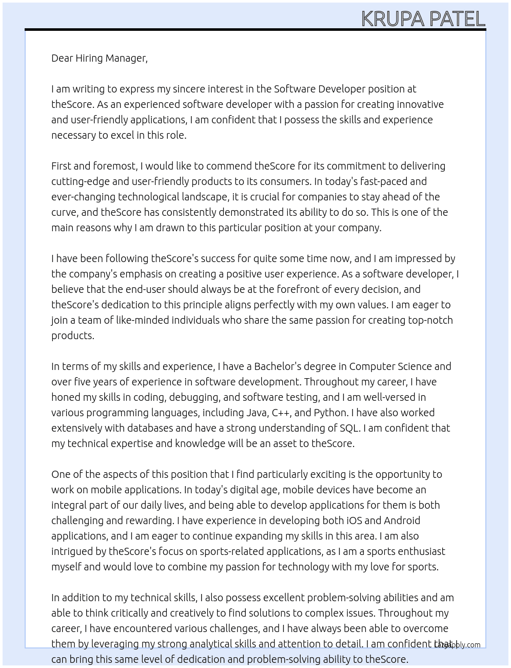 software developer At theScore Cover Letter
