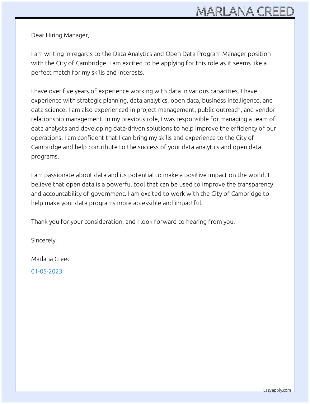 Data Analytics and Open Data Program Manager  At City of Cambridge Cover Letter