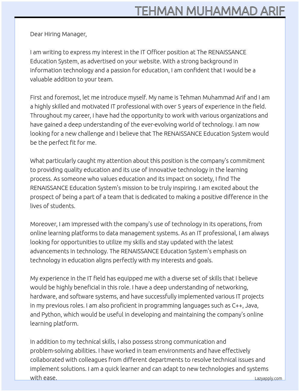 IT Officer At The RENAISSANCE Education System  Cover Letter