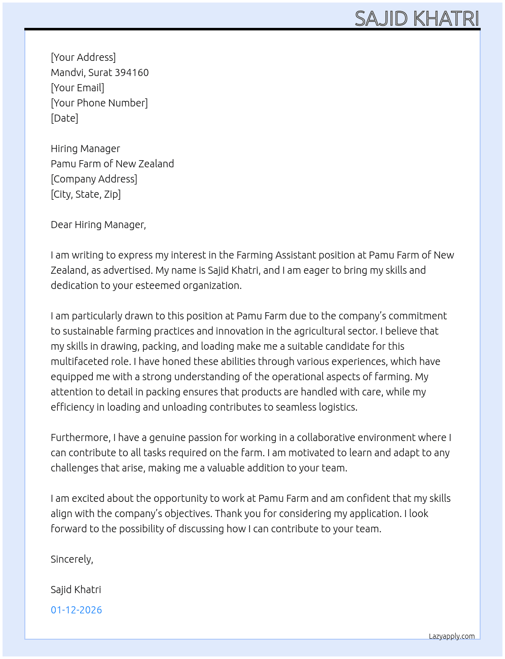 Cover letter for farming assistant - LazyApply