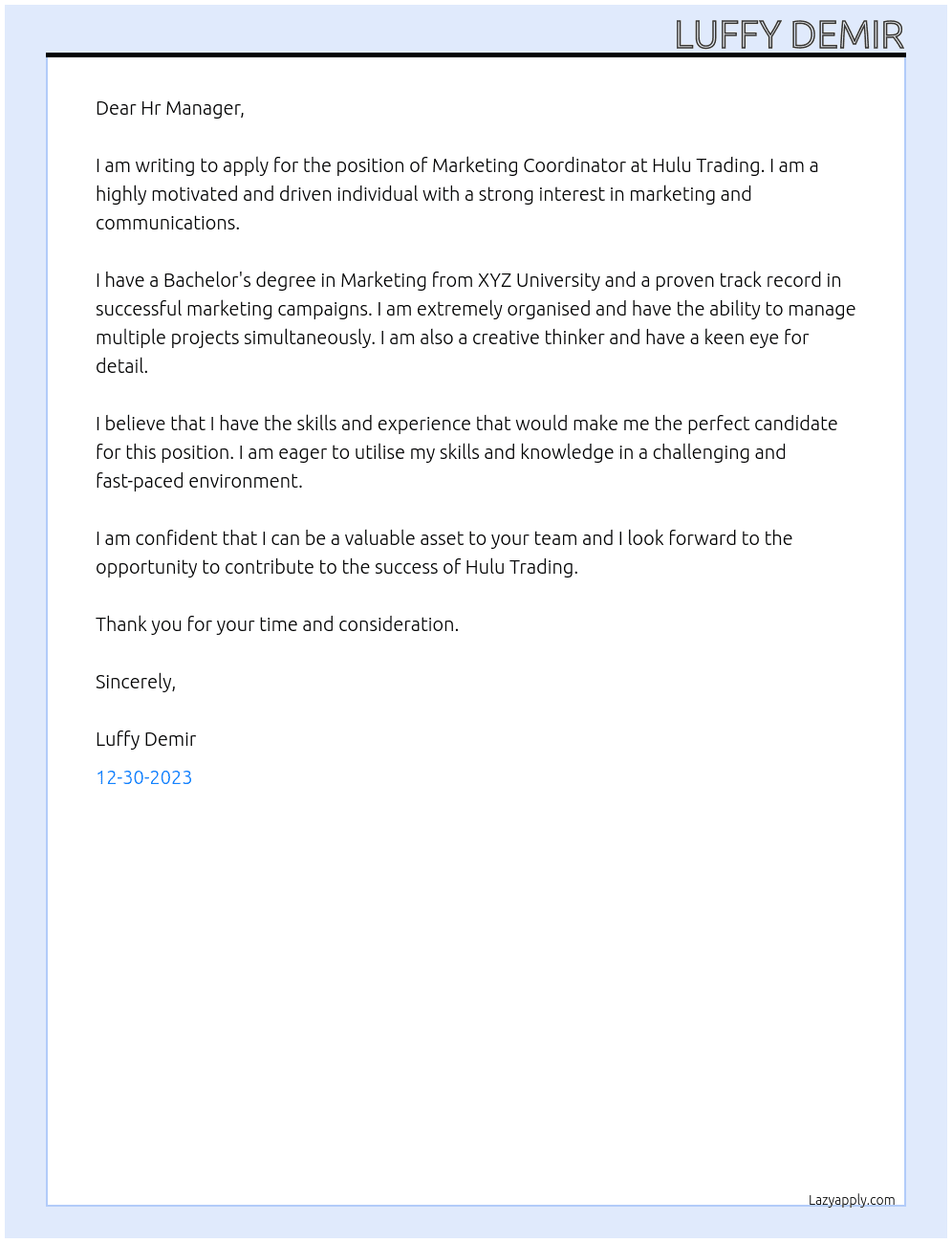 Marketing Coordinator At Hulu Trading Cover Letter