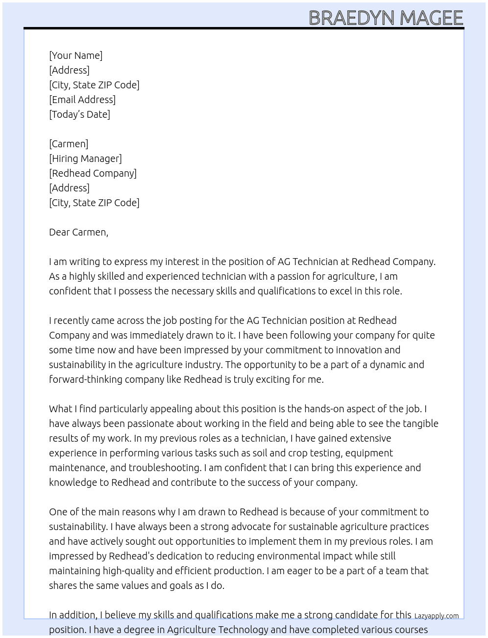 ag technition  At redhead  Cover Letter