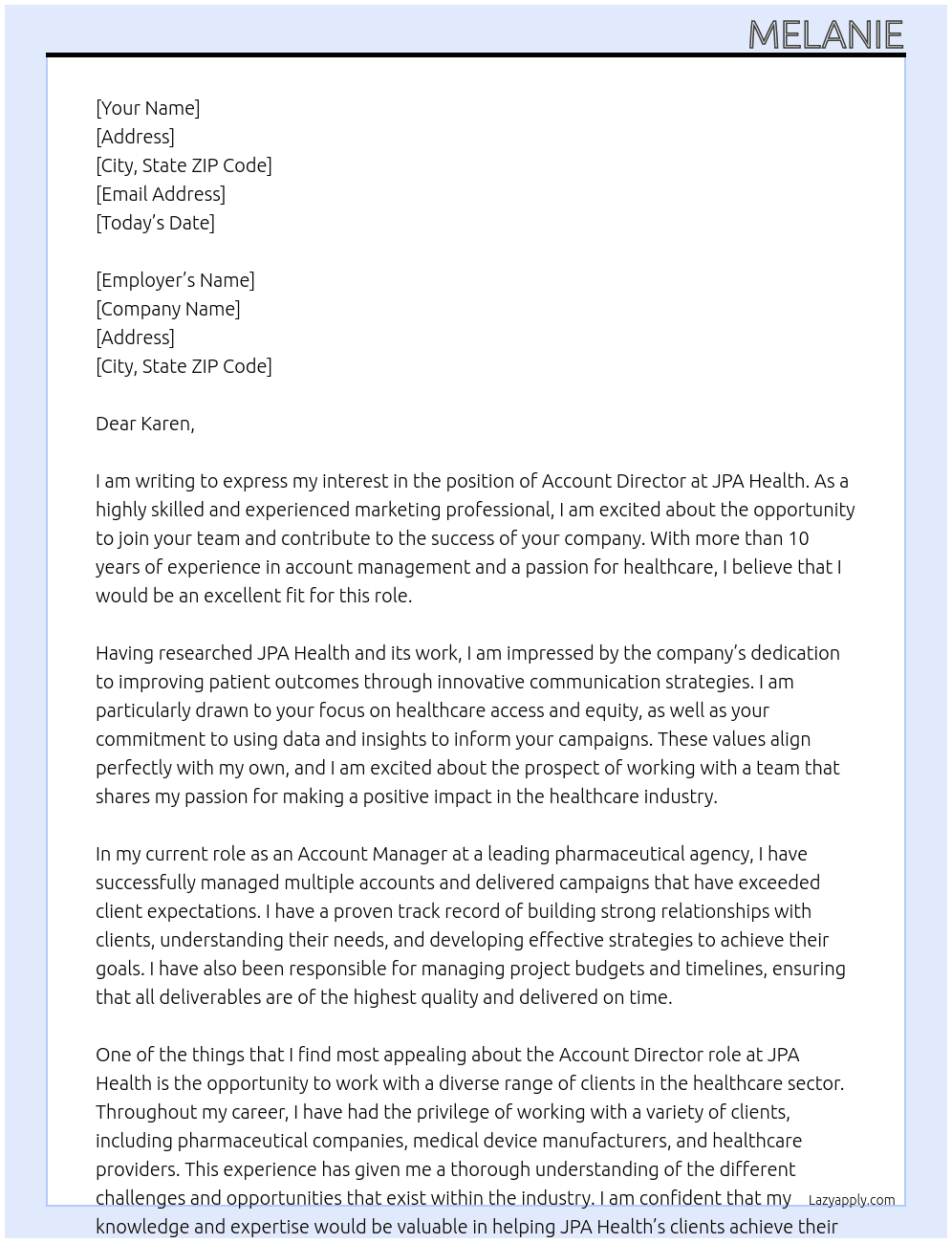 Account Director At JPA Health Cover Letter