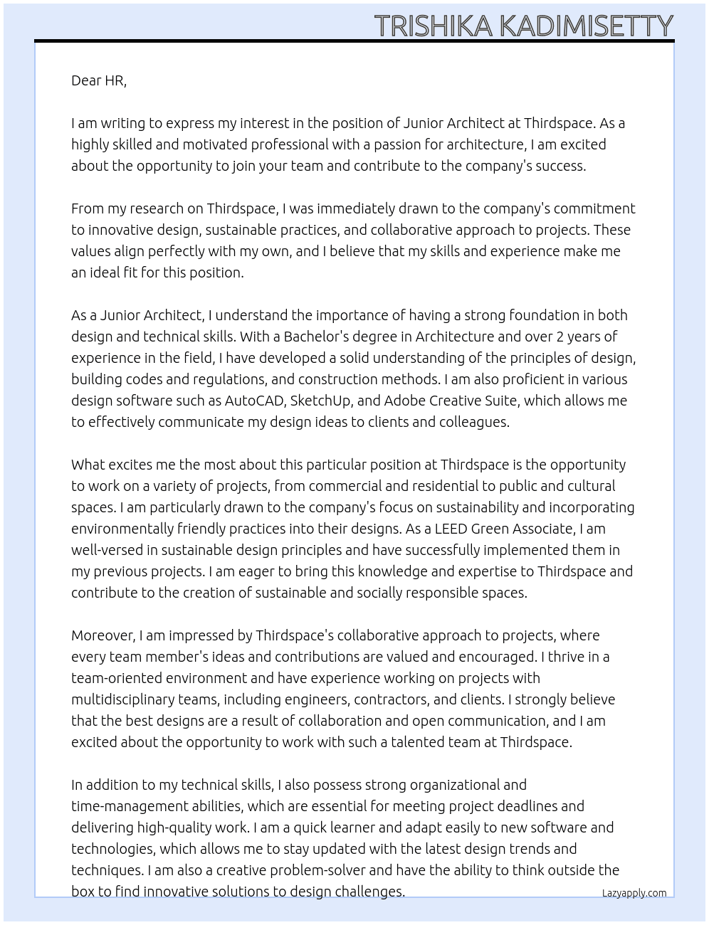 junior architect At thirdspace Cover Letter