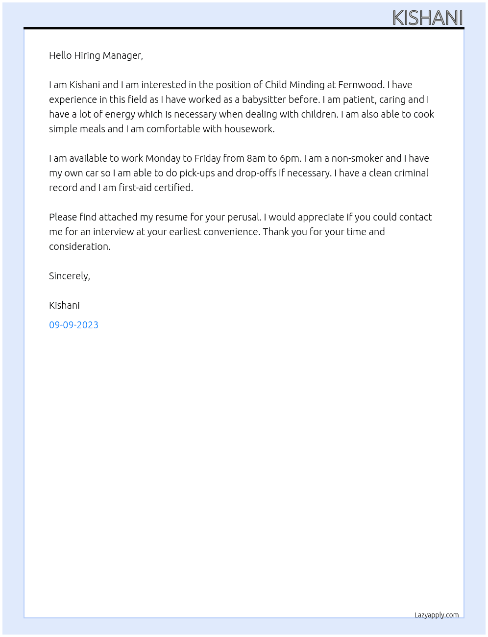 Child Minding At Fernwood Cover Letter