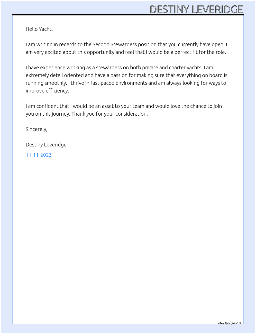 Second Stewardess At Yacht Cover Letter
