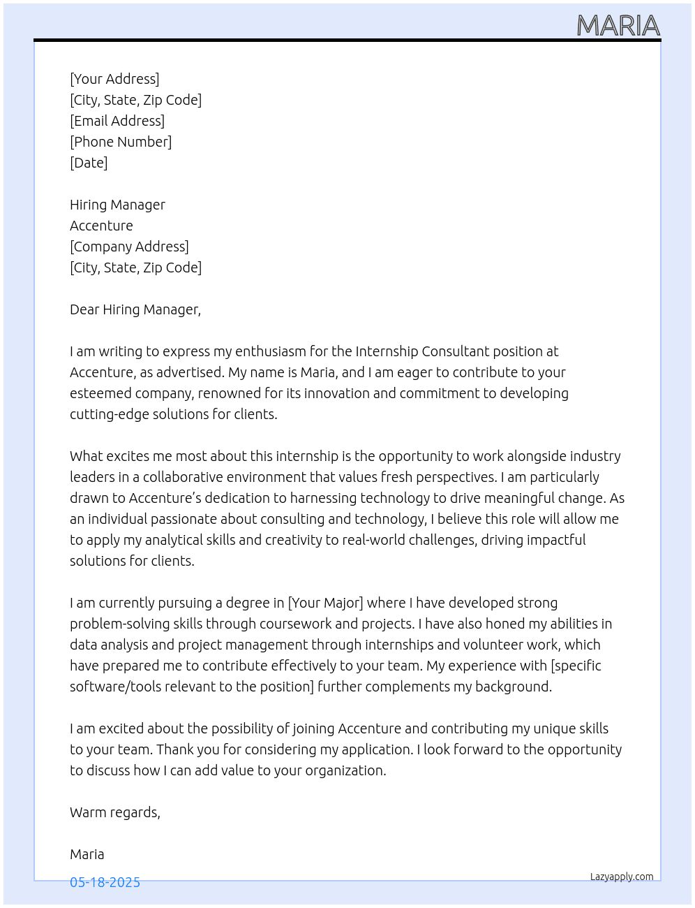 Cover letter for intrenship consultant - LazyApply