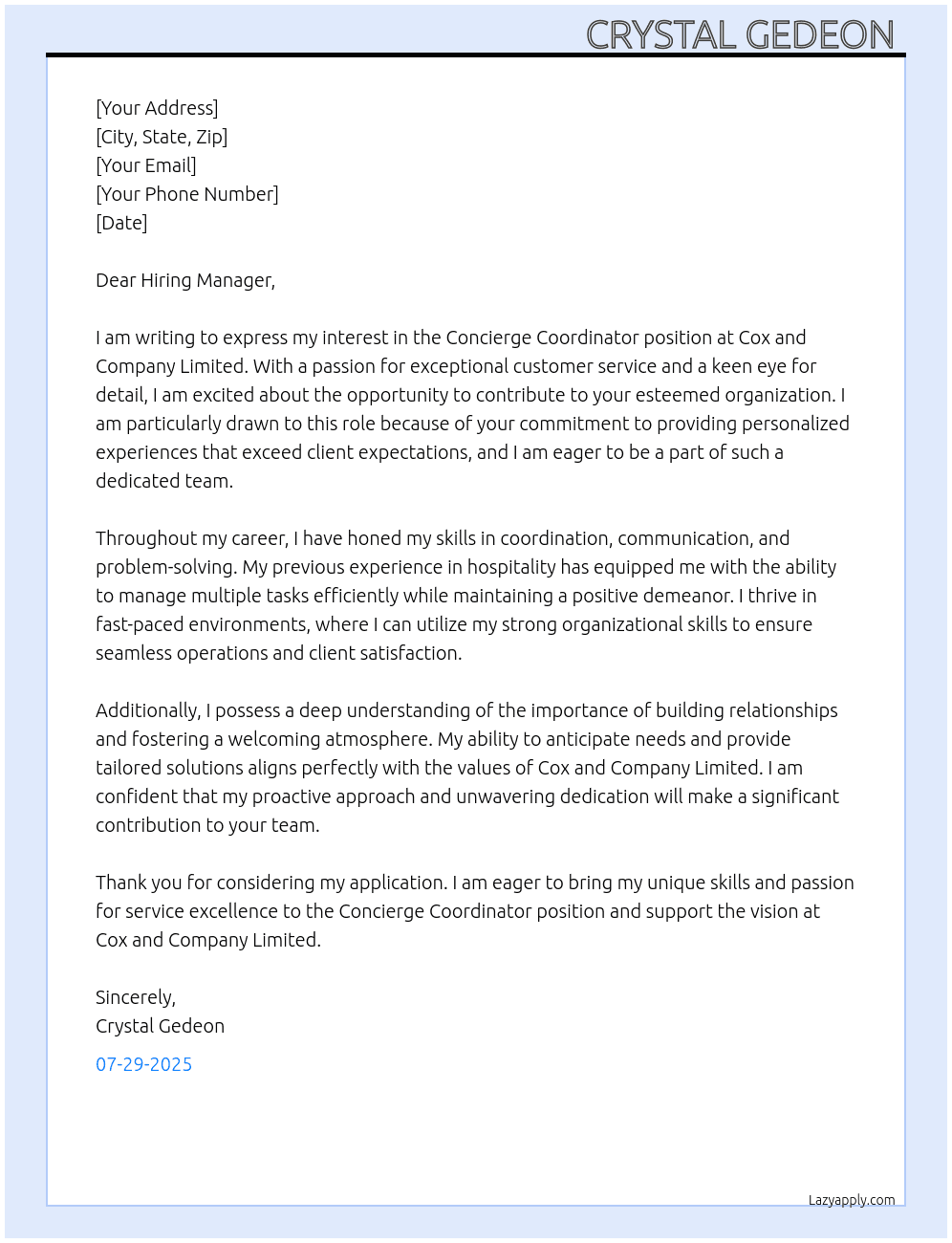 Concierge coordinator  At Cox and Company Limited  Cover Letter