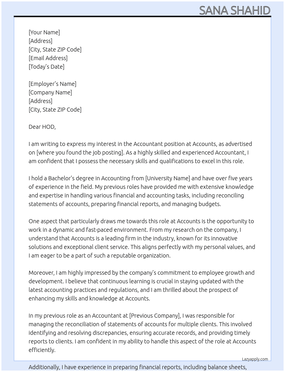 Accountant At Accounts Cover Letter