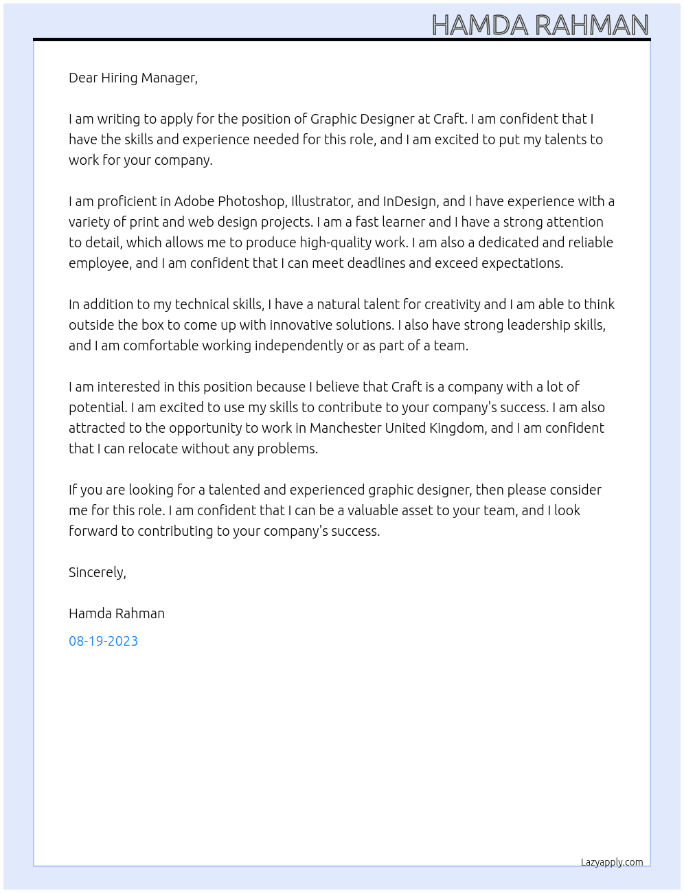graphic designer At craft Cover Letter