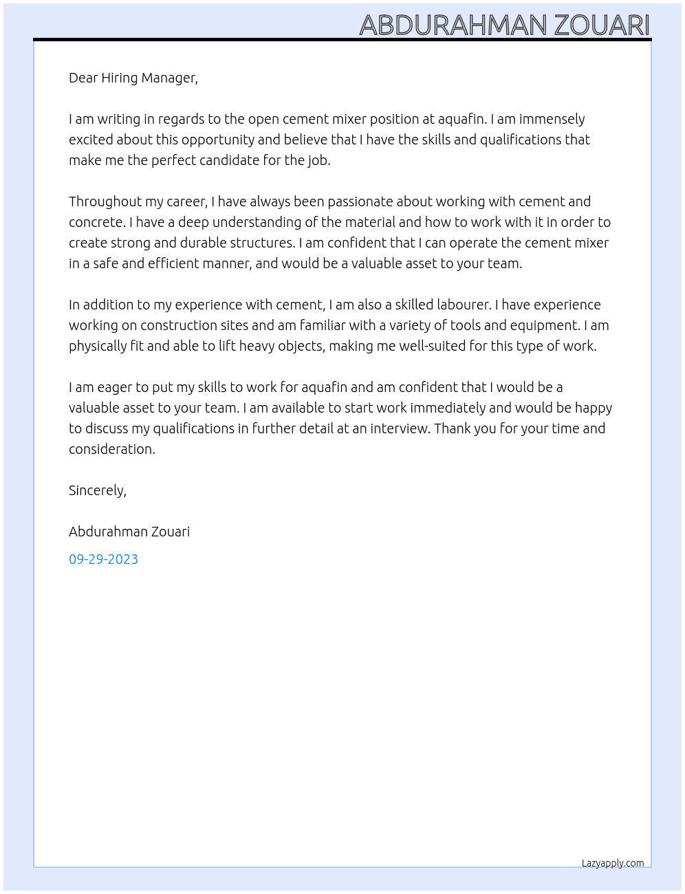 cement mixer At aquafin Cover Letter
