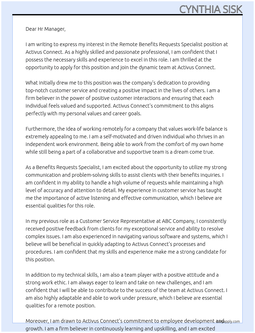 Remote Benefits Requests Specialist (Virtual/Remote) At Activus Connect  Cover Letter