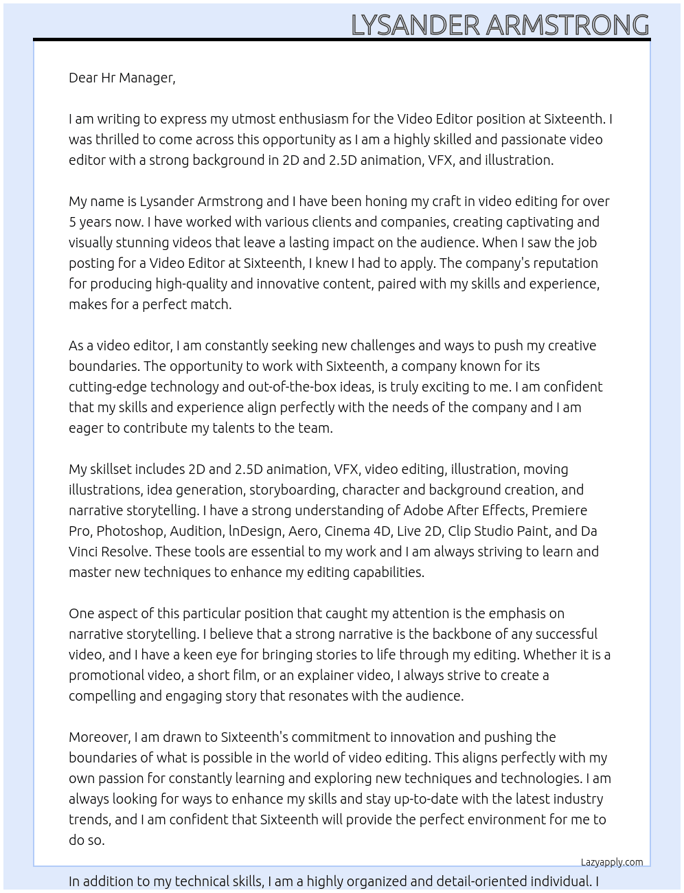 Video editor  At Sixteenth  Cover Letter