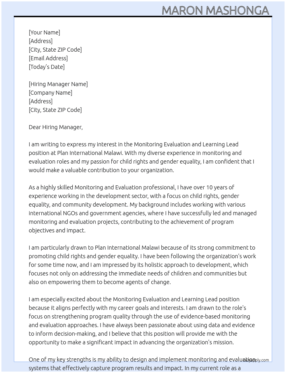 Monitoring Evaluation and Learning Lead At Plan International Malawi Cover Letter