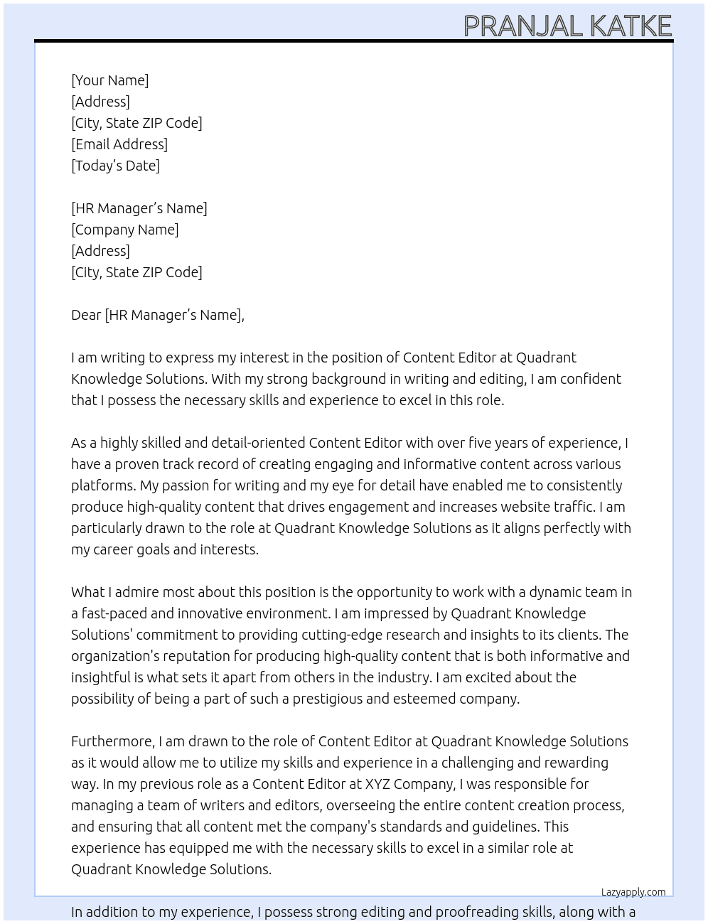 Content Editor  At Quadrant Knowledge Solutions  Cover Letter