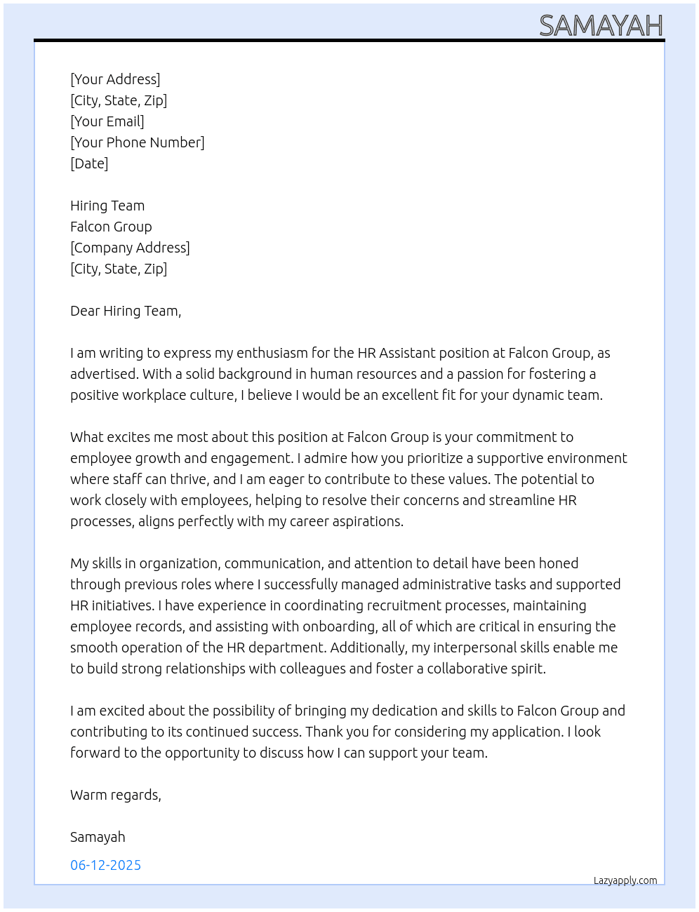 Hr assistant At Falcon Group Cover Letter