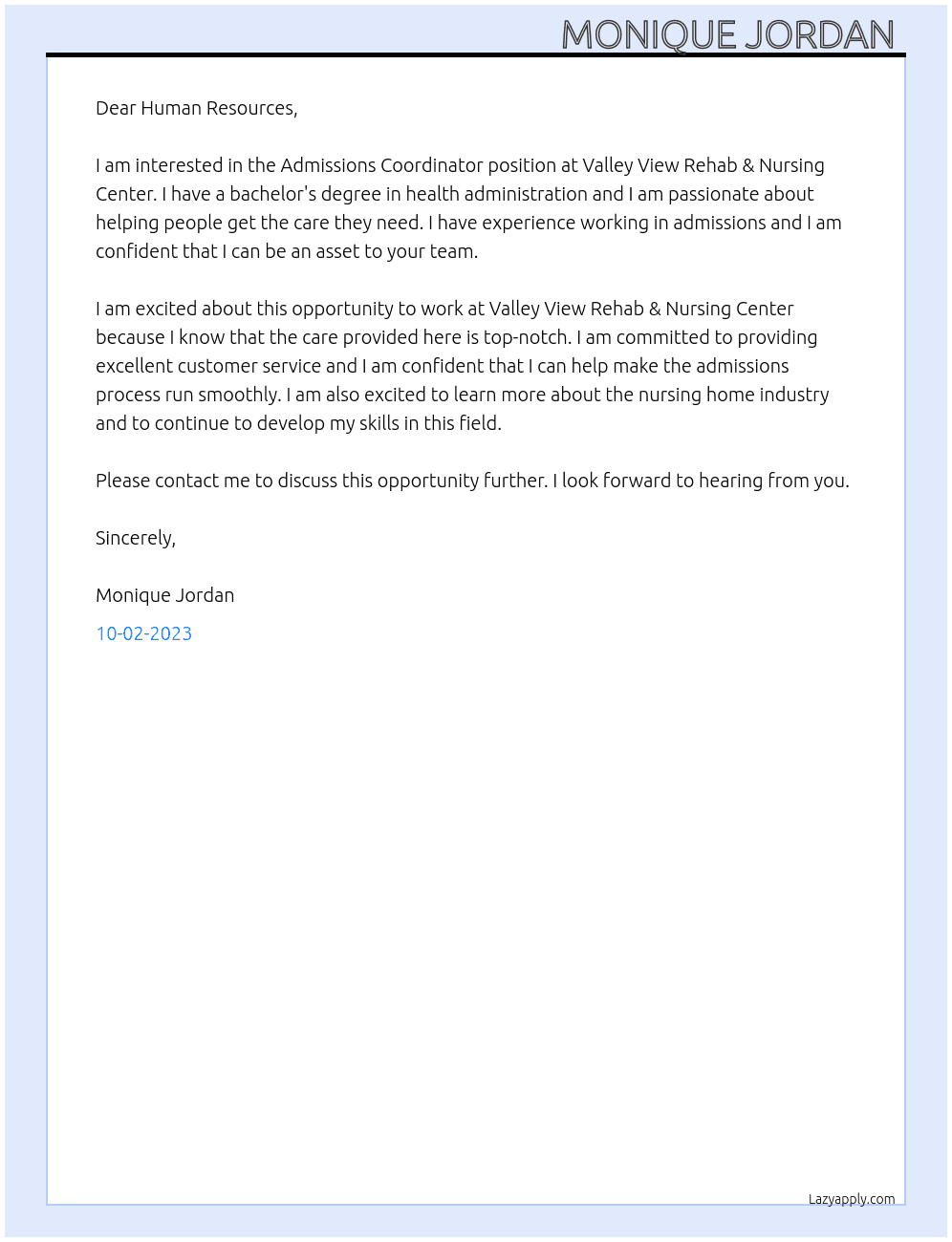 Admissions Coordinator  At Valley View Rehab & Nursing Center Cover Letter