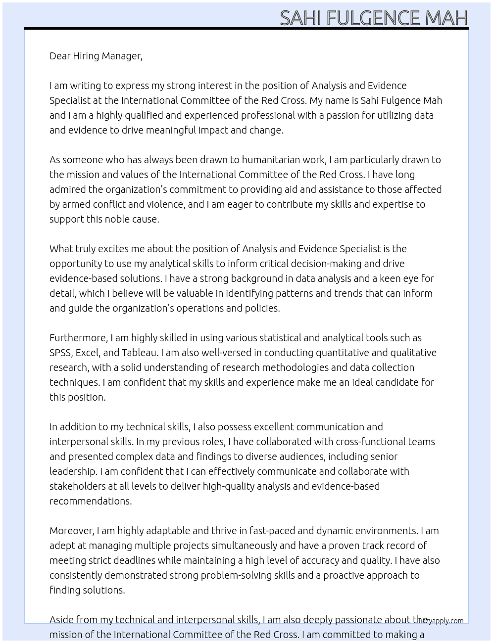 ANALYSIS AND EVIDENCE SPECIALIST At INTERNATIONAL COMMITTE OF THE RED CROSS  Cover Letter