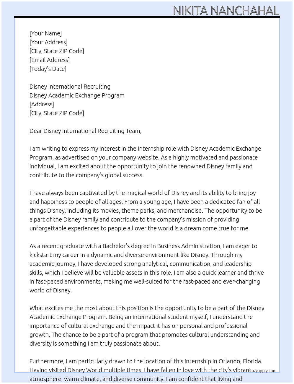Intern At Disney Academic Exchange Program Cover Letter