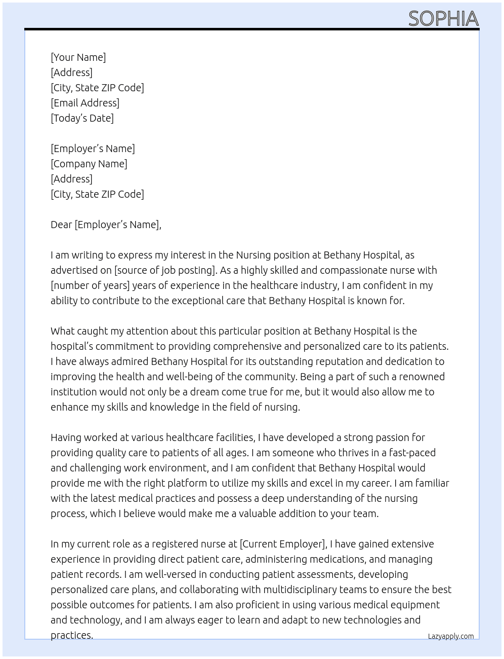 Nursing  At Bethany Hospital Cover Letter