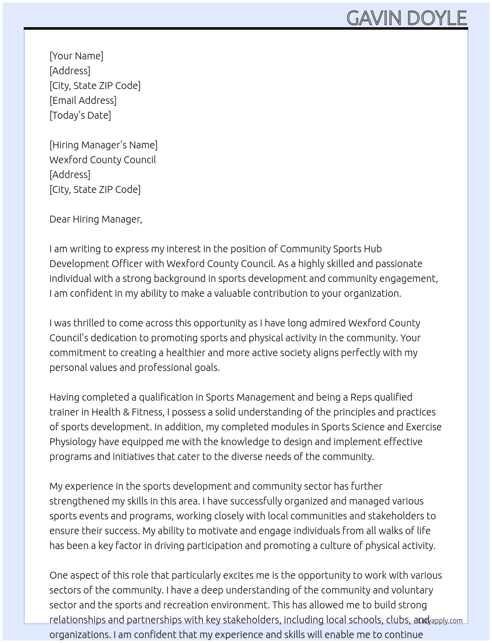 Community Sports Hub Development Officer At Wexford County Council Cover Letter