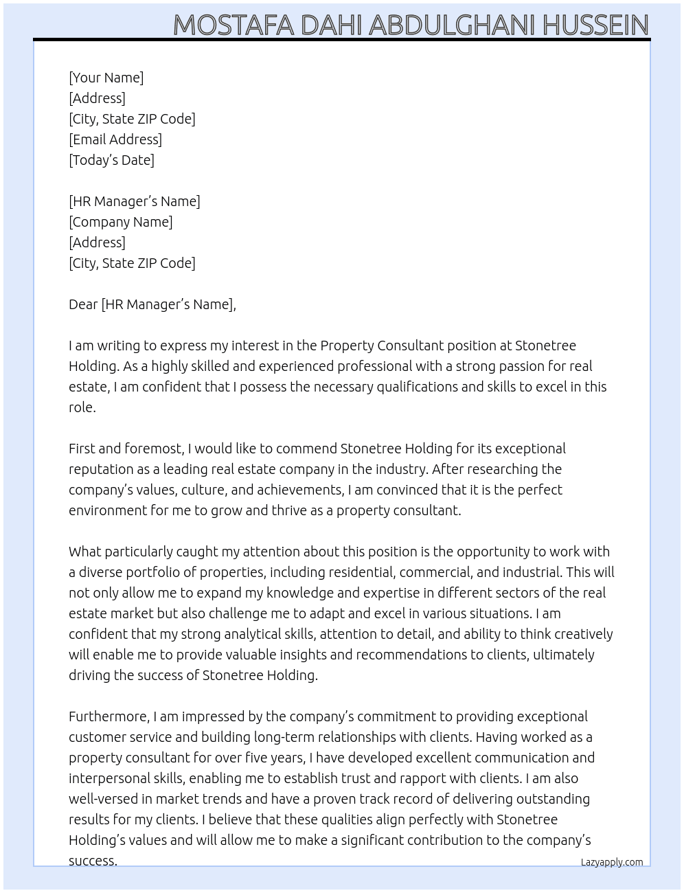 property consultant  At stonetree holding  Cover Letter