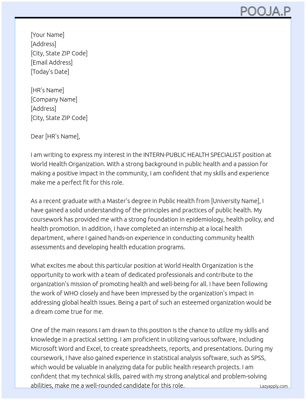INTERN -PUBLIC HEALTH SPECIALIST At WROLD HEALTH ORGANIZATION  Cover Letter