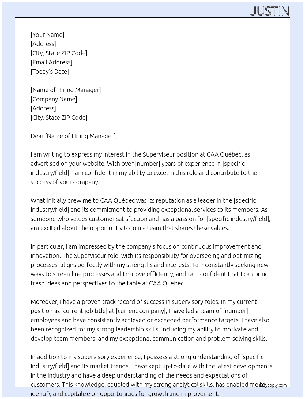Superviseur At CAA Québec Cover Letter
