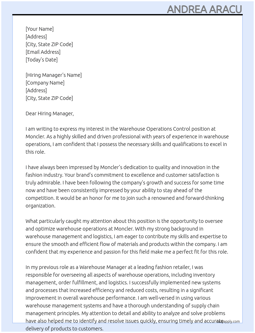 Warehouse Operations Control At Moncler Cover Letter