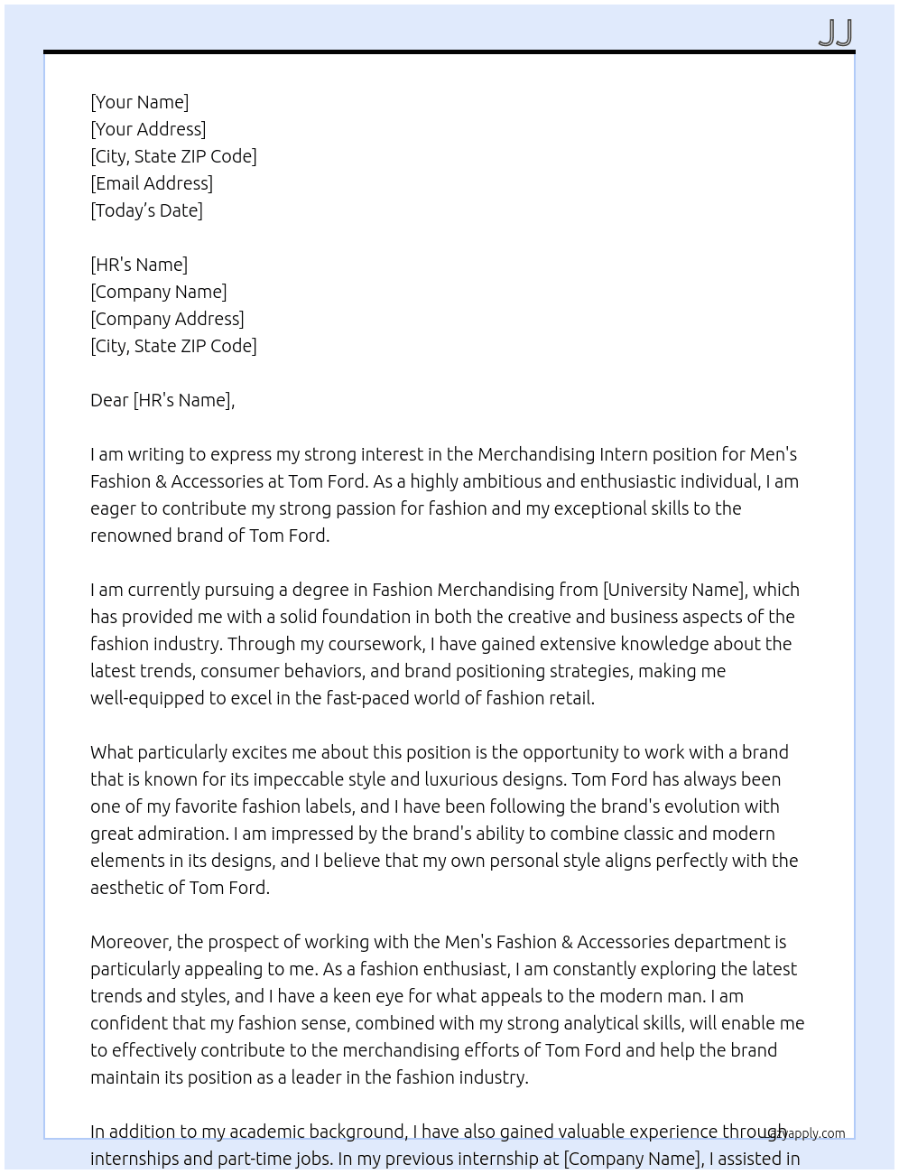 Merchandising Intern - Men fashion & Accessories At tom ford Cover Letter