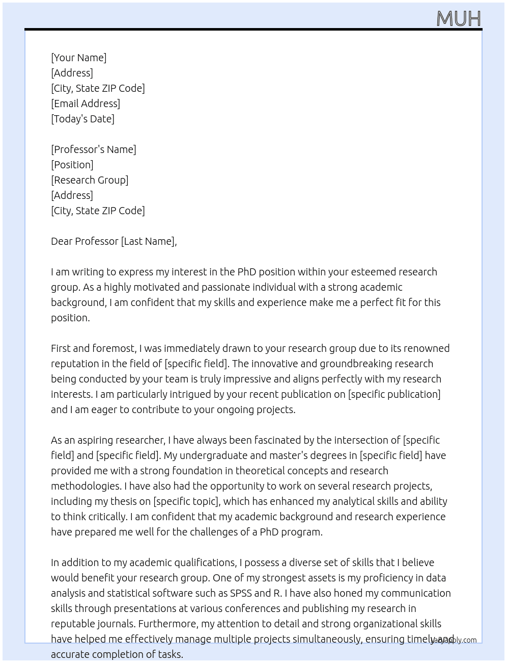 PhD At research group  Cover Letter