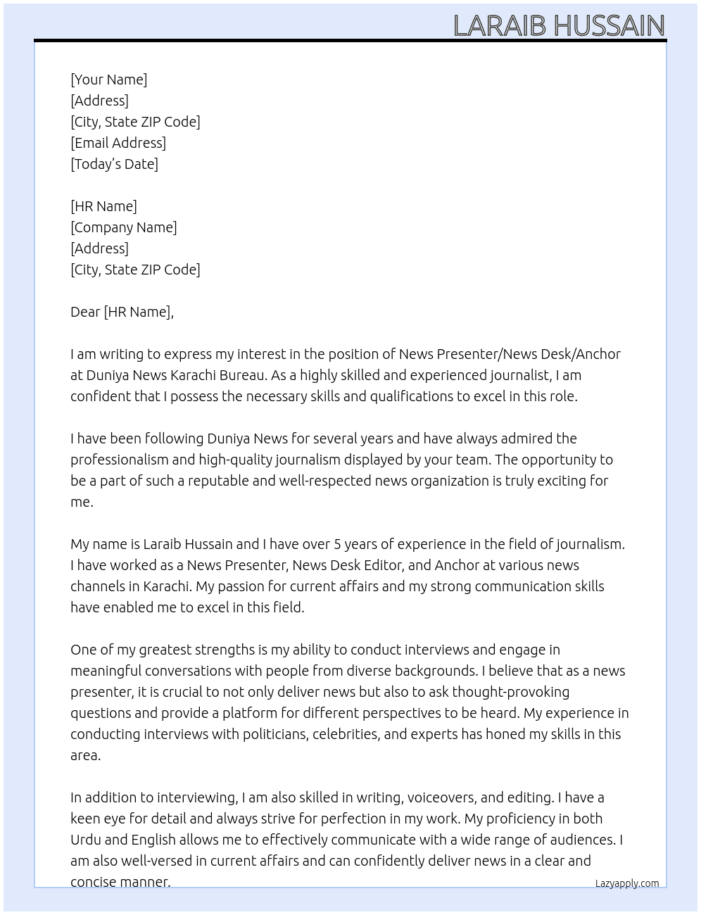 News presenter/News desk/Anchor  At Duniya News karachi Bureau  Cover Letter