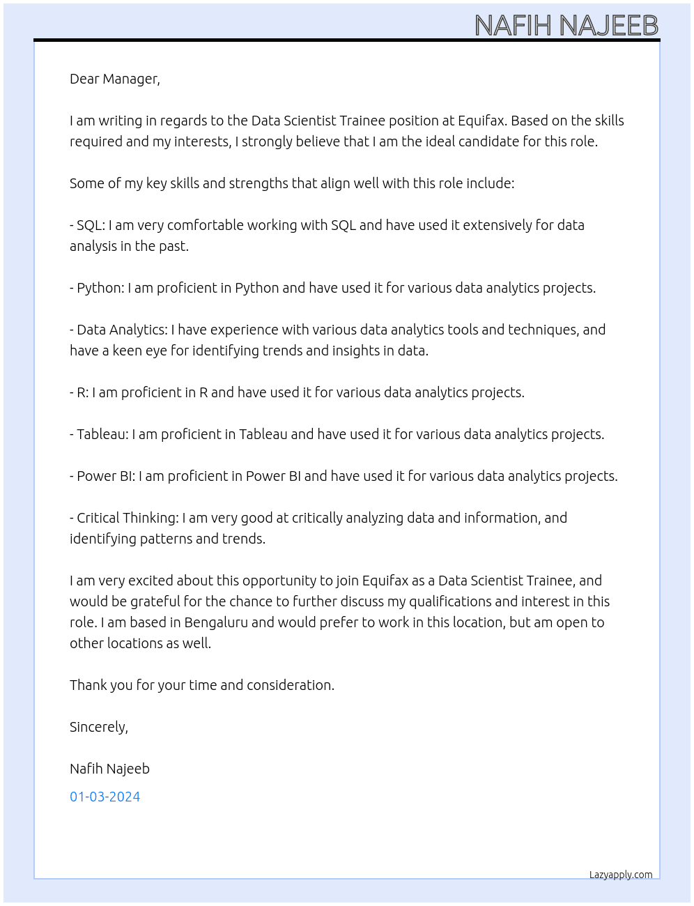Data Scientist Trainee At Equifax Cover Letter