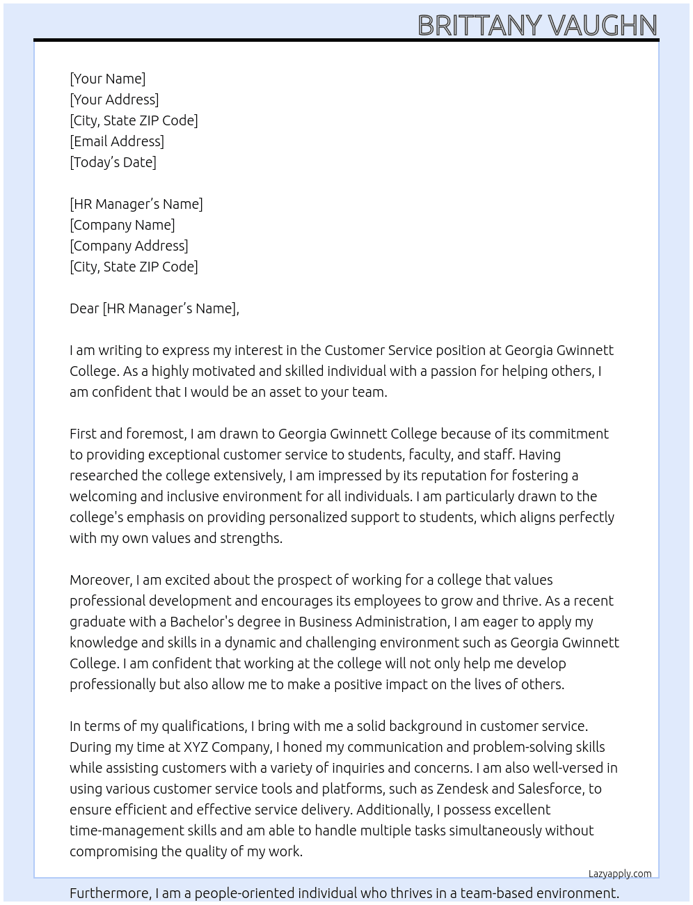 Customer service  At Georgia Gwinnett College  Cover Letter
