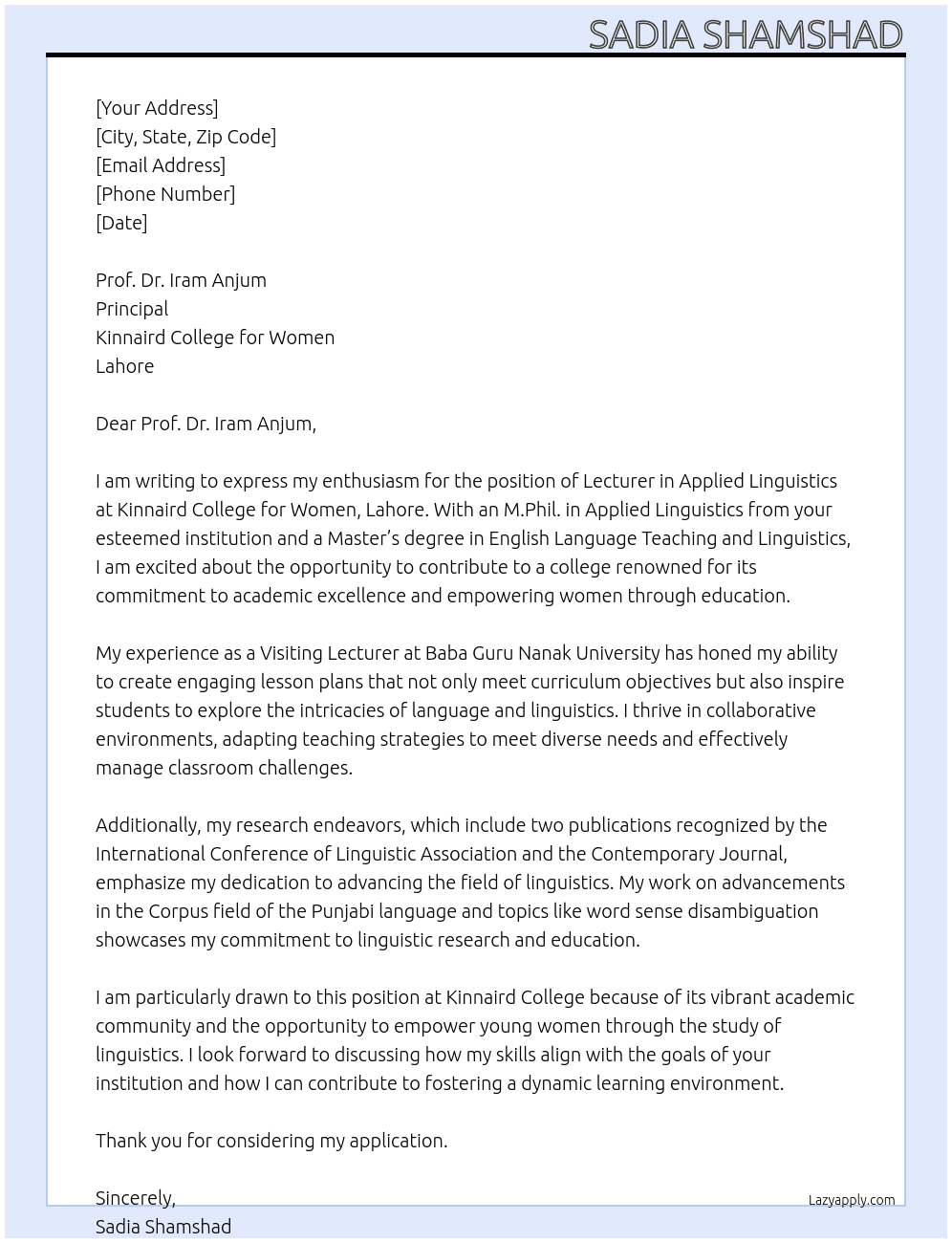 Lecturer in Applied Linguistics At Kinnaird College for Women, Lahore Cover Letter