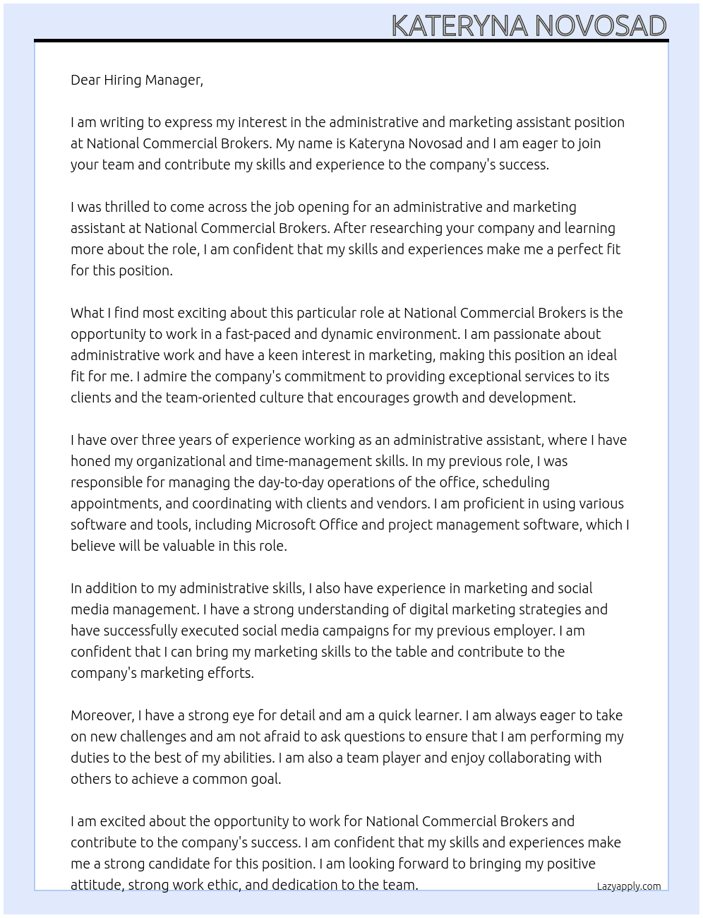 administrative and marketing assistant At National Commercial Brokers Cover Letter