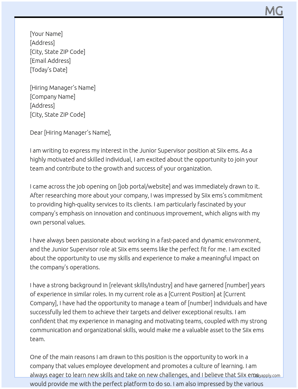 Junior supervisor At Siix ems  Cover Letter