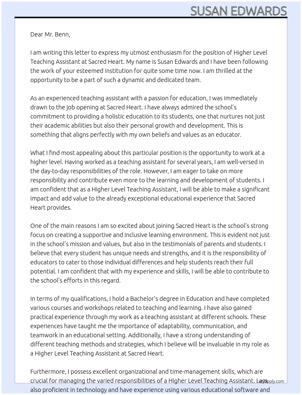 Higher level teaching assistant  At Sacred heart Cover Letter