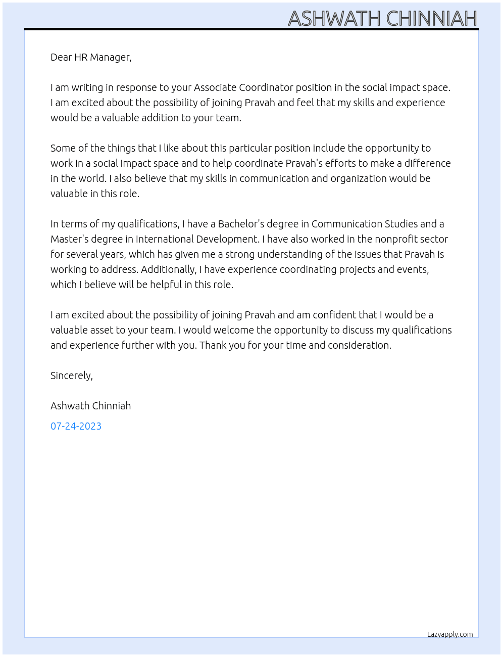 Associate Coordinator in social impact space At Pravah Cover Letter