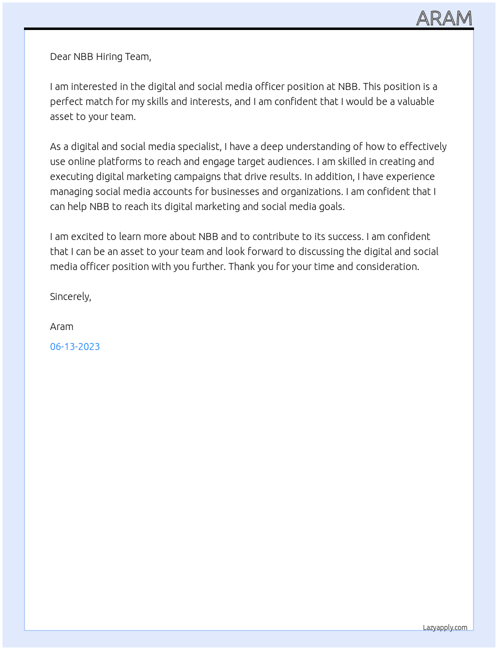 digital and social media officer At NBB Cover Letter