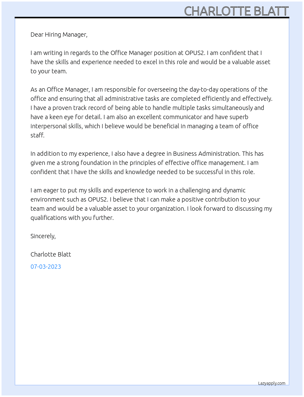 Office Manager At OPUS2 Cover Letter