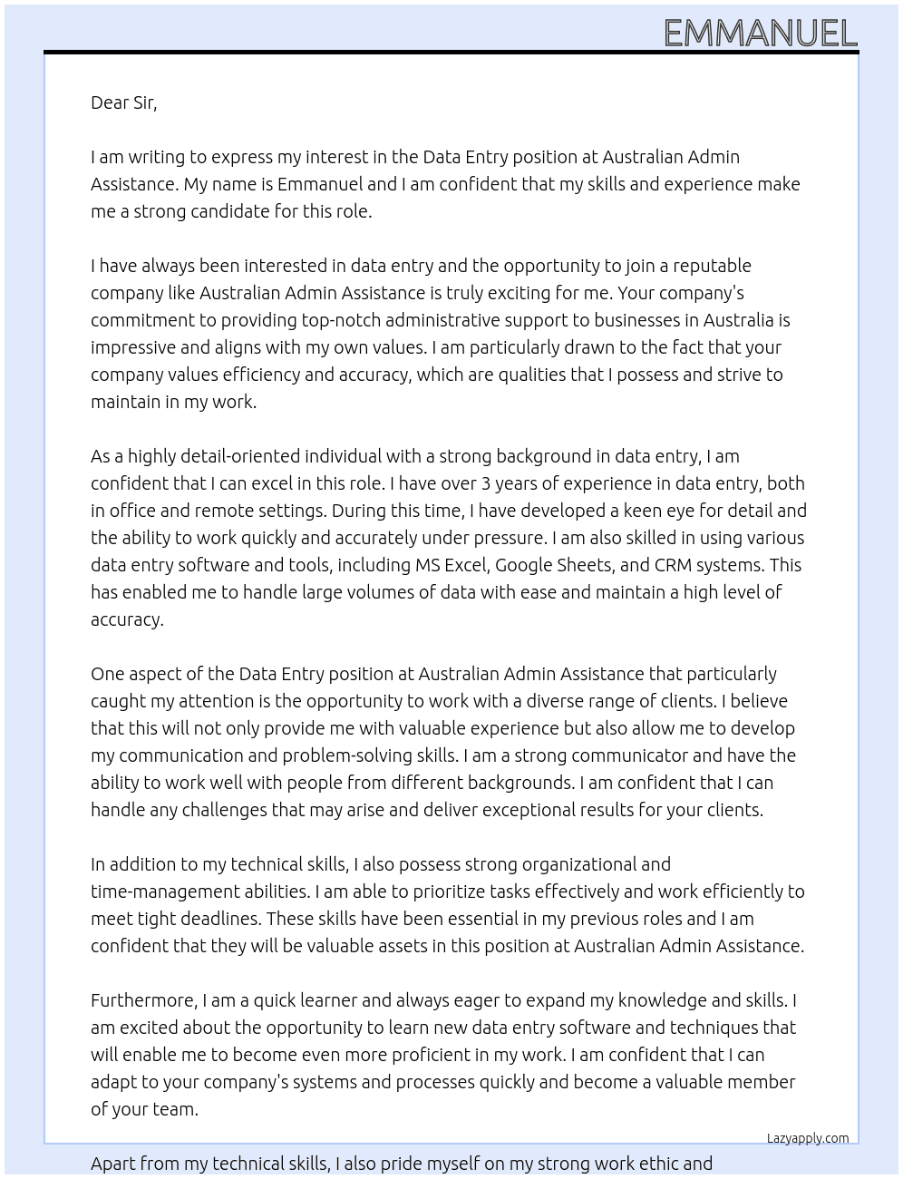 data ebtry At Australian admin assistance Cover Letter
