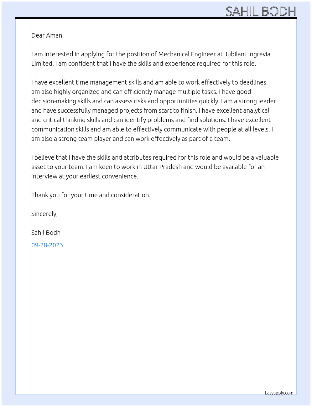 Mechanical engineer  At Jubilant ingrevia limited  Cover Letter