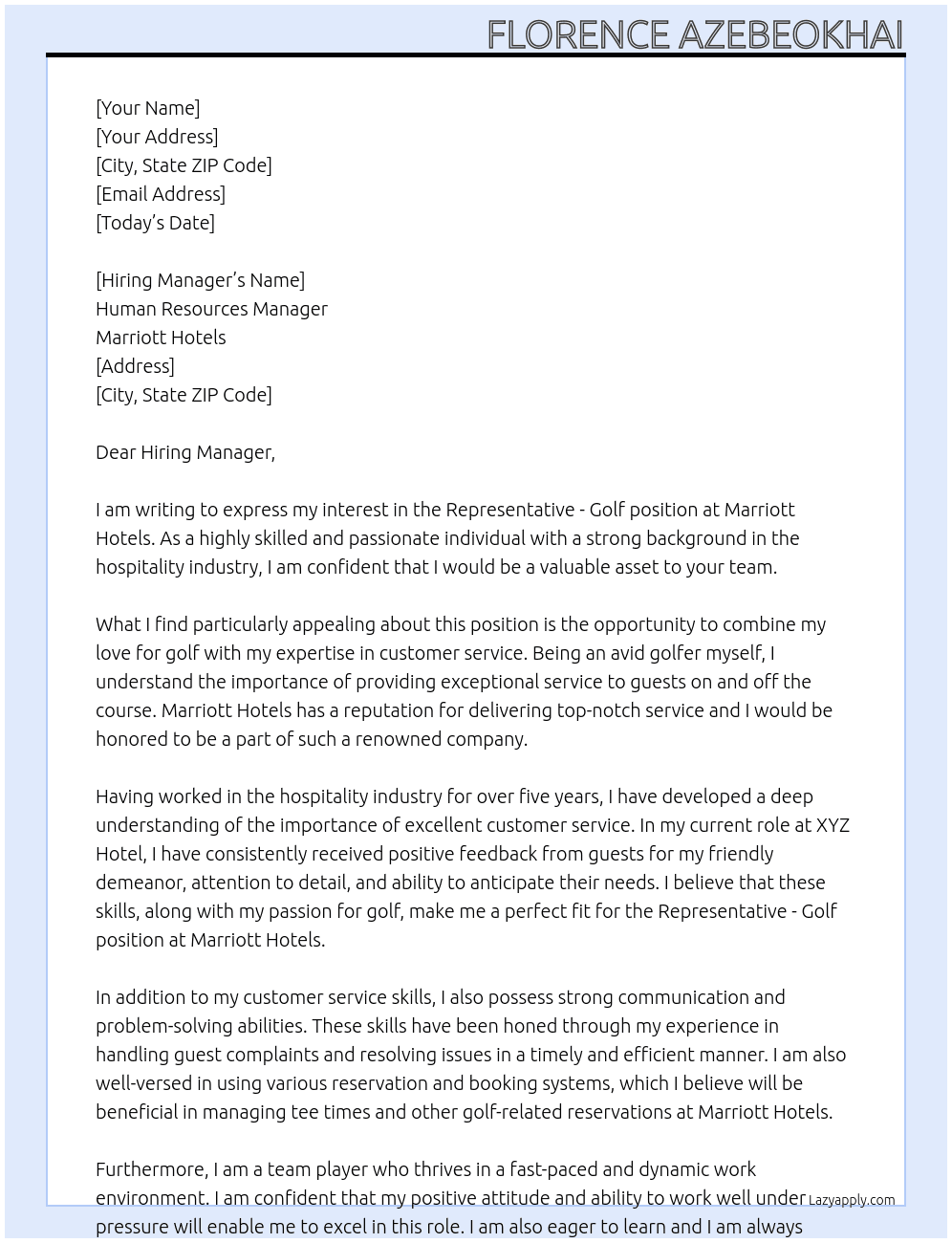 Representative - Golf At Marriots Hotels Cover Letter