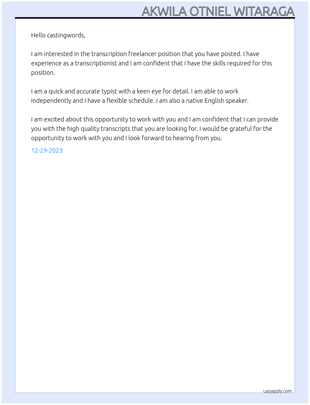 transcription freelancer At castingwords Cover Letter