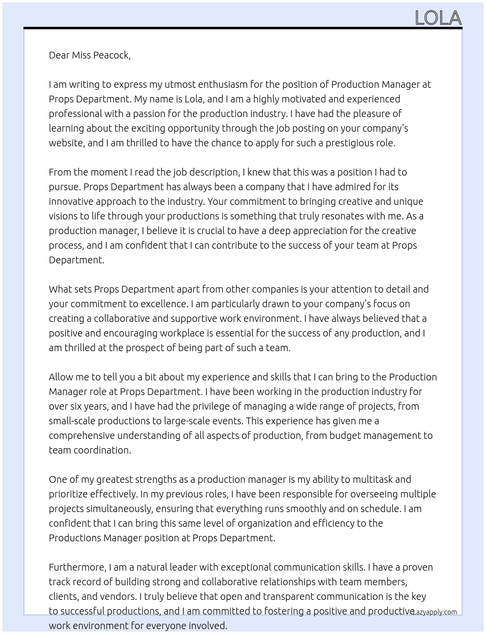 production manager At props department Cover Letter