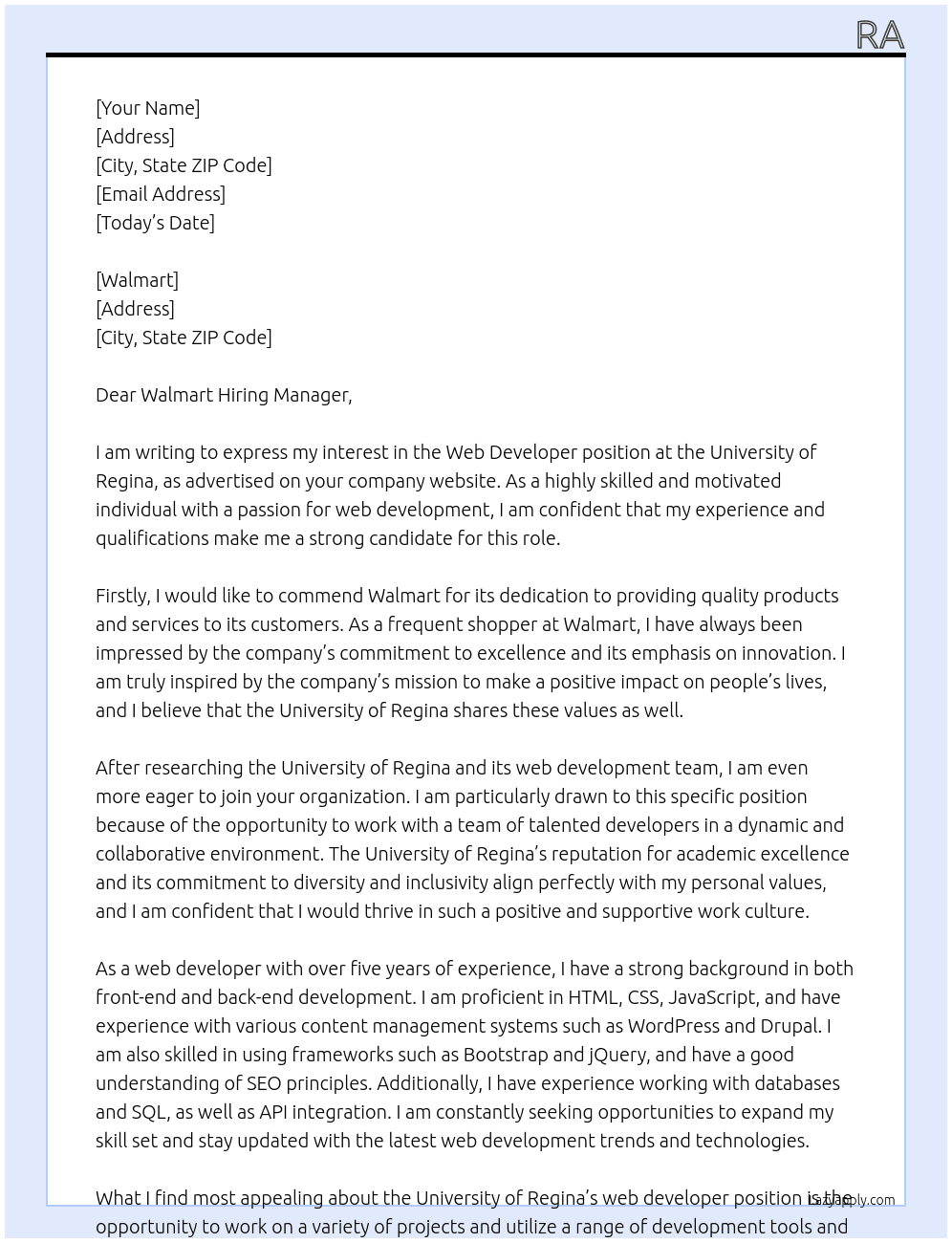 web dev At unv of regina Cover Letter