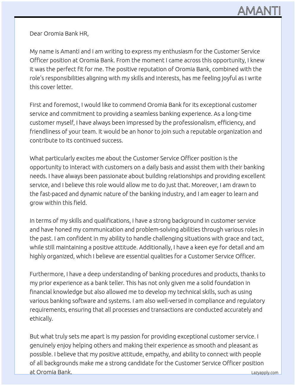 Customer service officer At Oromia bank Cover Letter