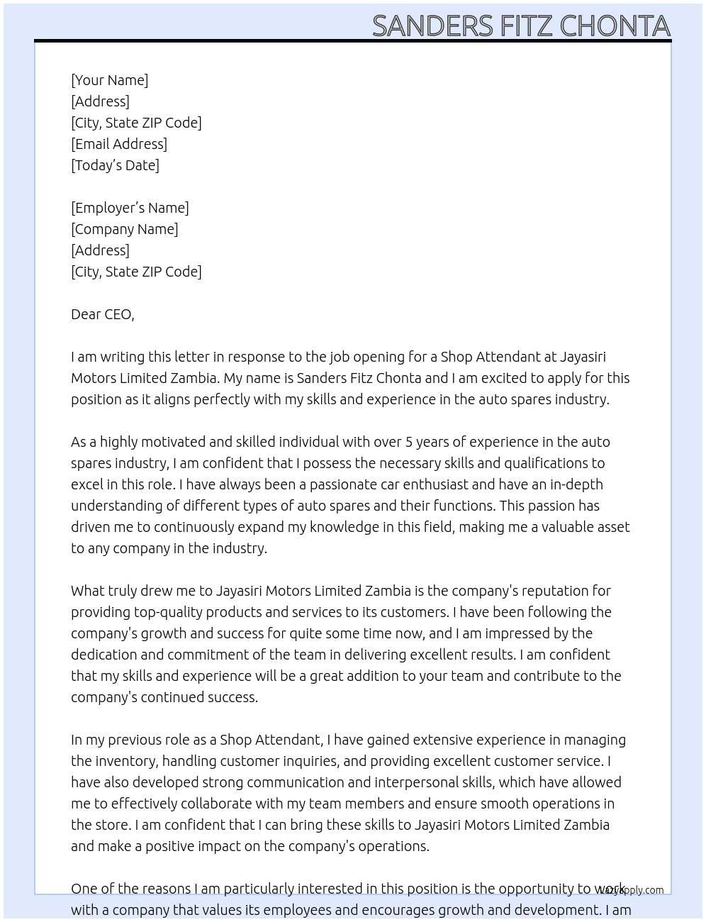 Shop attendant At Jayasiri Motors Limited Zambia Cover Letter